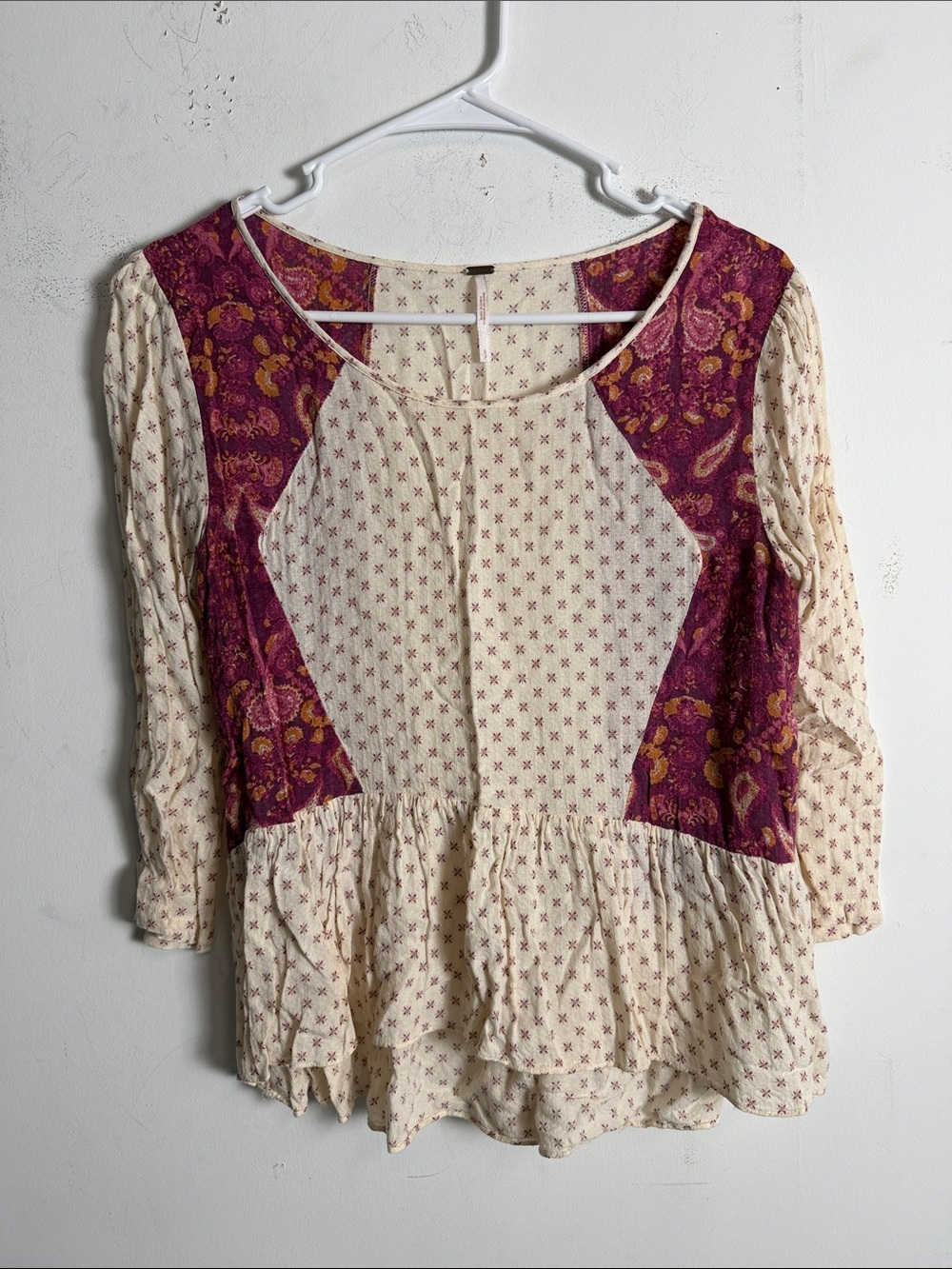 Free People Cream and Burgundy Paisley Peplum Tunic Top
